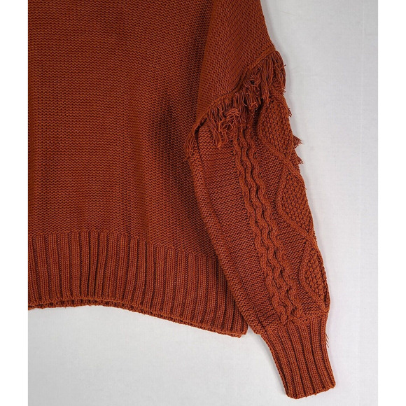 ANA Cable Knit Sweater Petite Small Bishop Sleeve Rust Orange Fringe Bohemian - Picture 7 of 13